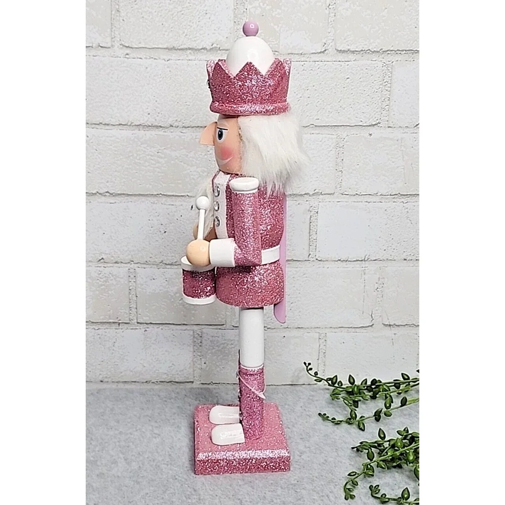 Pink White Drummer King Guard Nutcracker Glitter Wooden 14